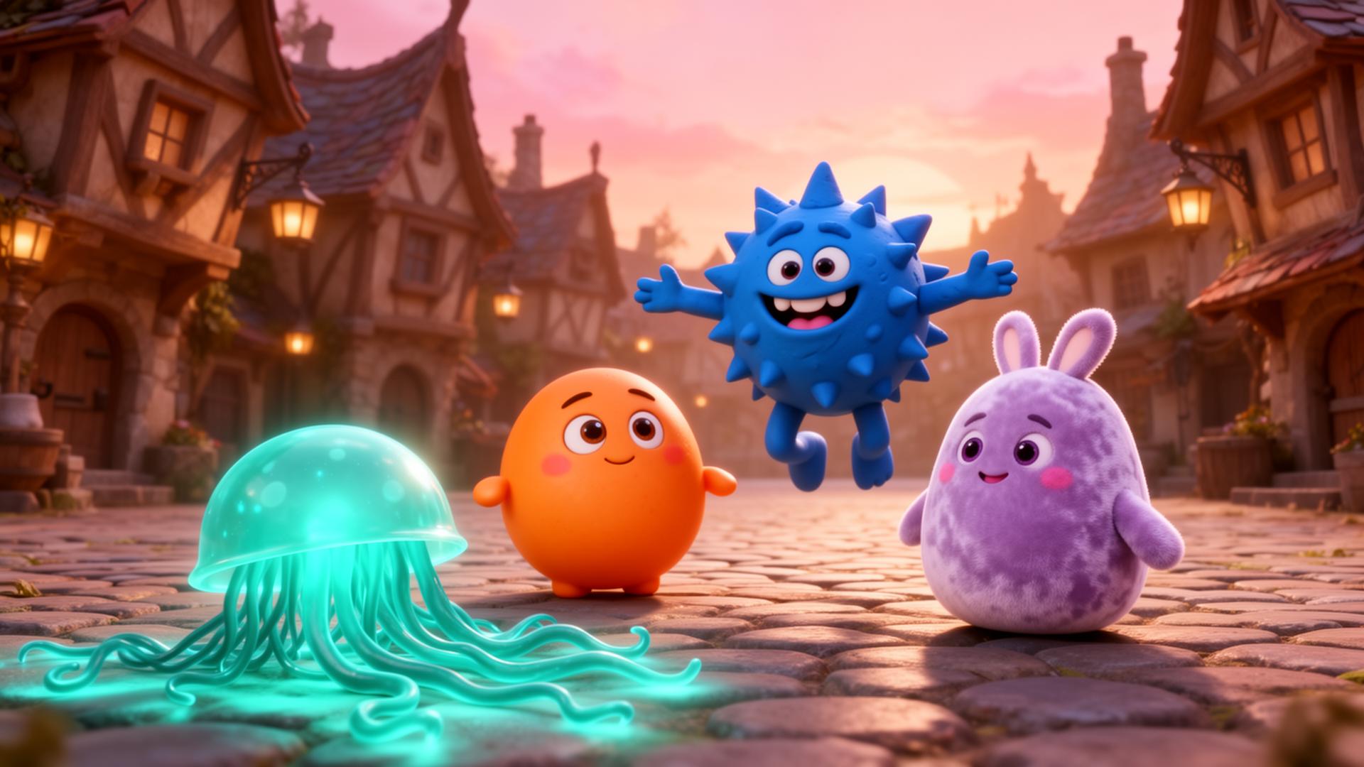 Ned, Axi and a glowing softling in the Squish Quarter at sunset